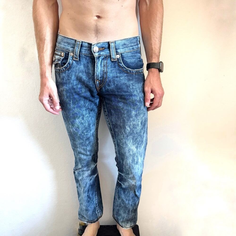 TRUE RELIGION MENS Blue White Acid Wash Relaxed Straight Leg Flap Denim Jeans 29